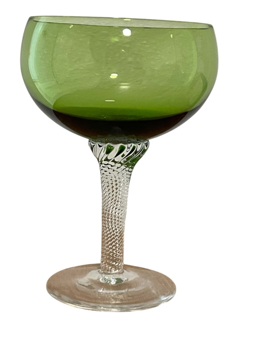 1960s Vintage Green Goblet/Clear Glass Spiral Stem Wine Glass